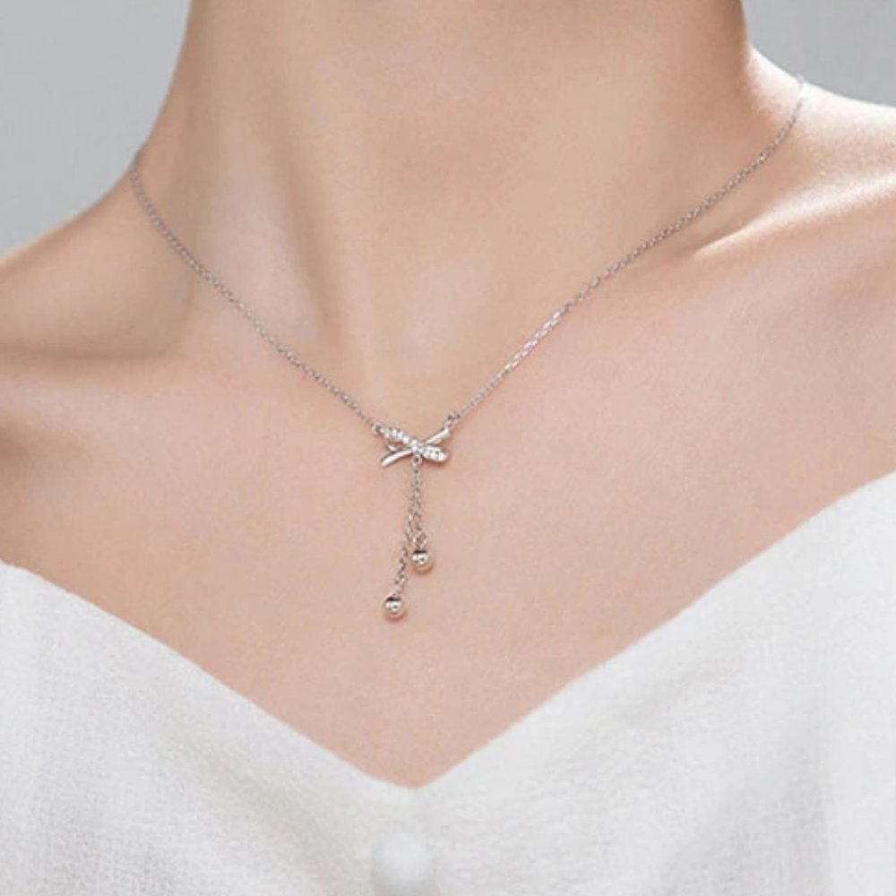 *925 Sterling Silver Diamond Bow Tassel Necklace